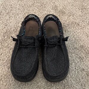 Hey Dude Black Knit Slip-On Shoes with Multicolor Patterned Collar